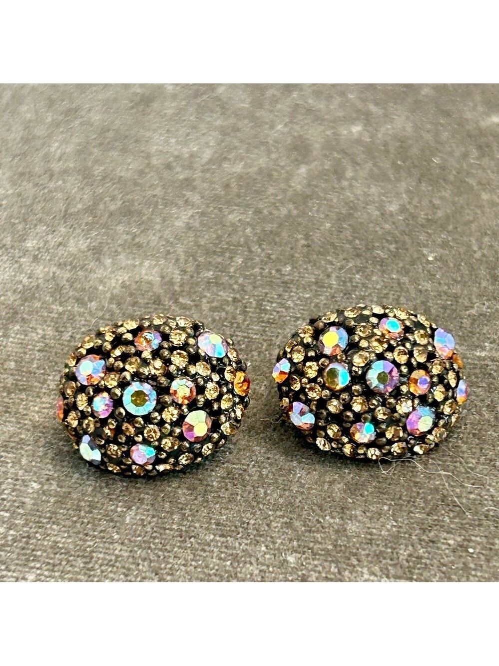 Vintage Amber Aurora borealis AB crystal rhinestone oval clip on earrings